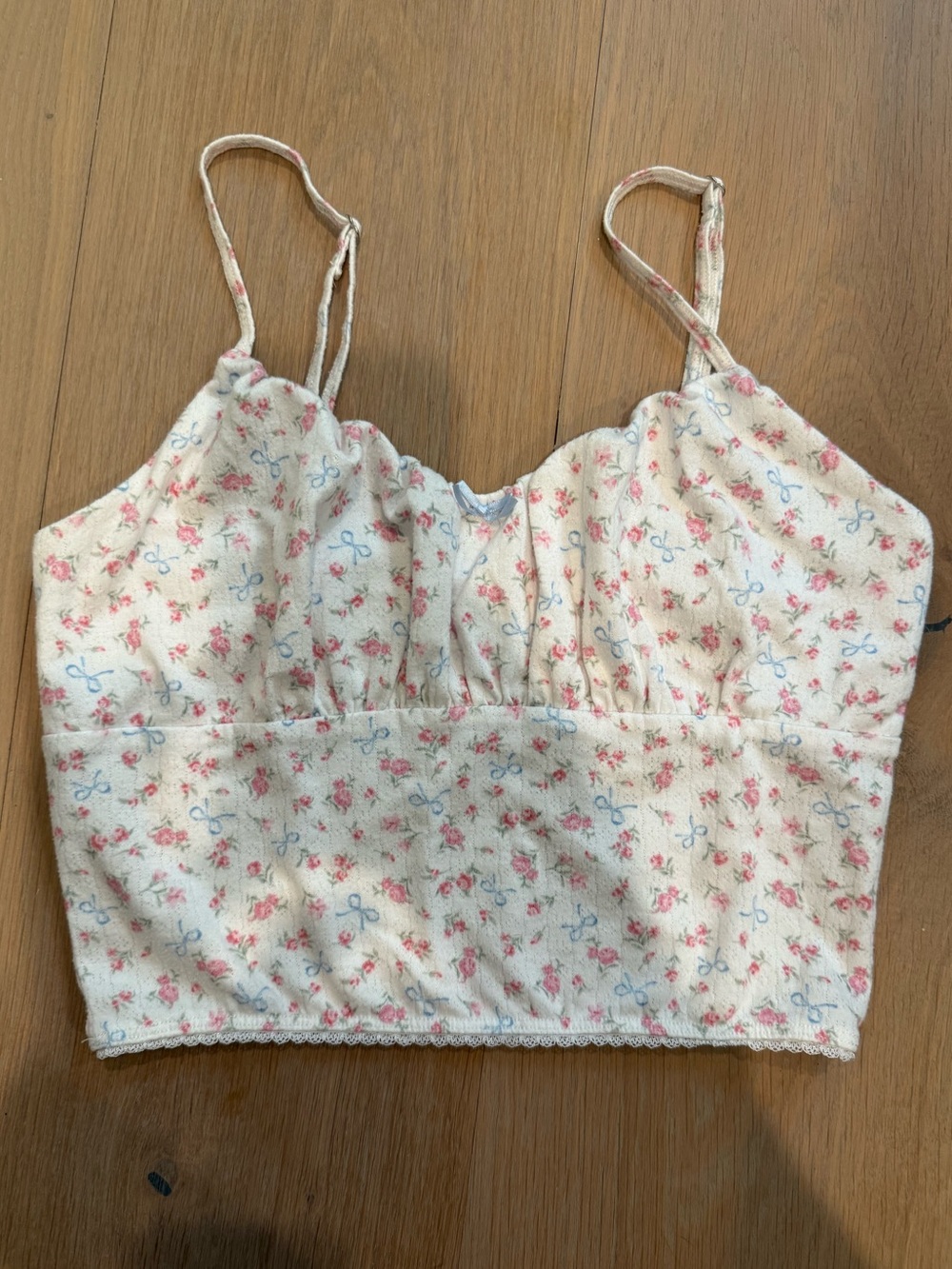Altar'd State Cream Cami with Pink Floral & Blue Bow Accents